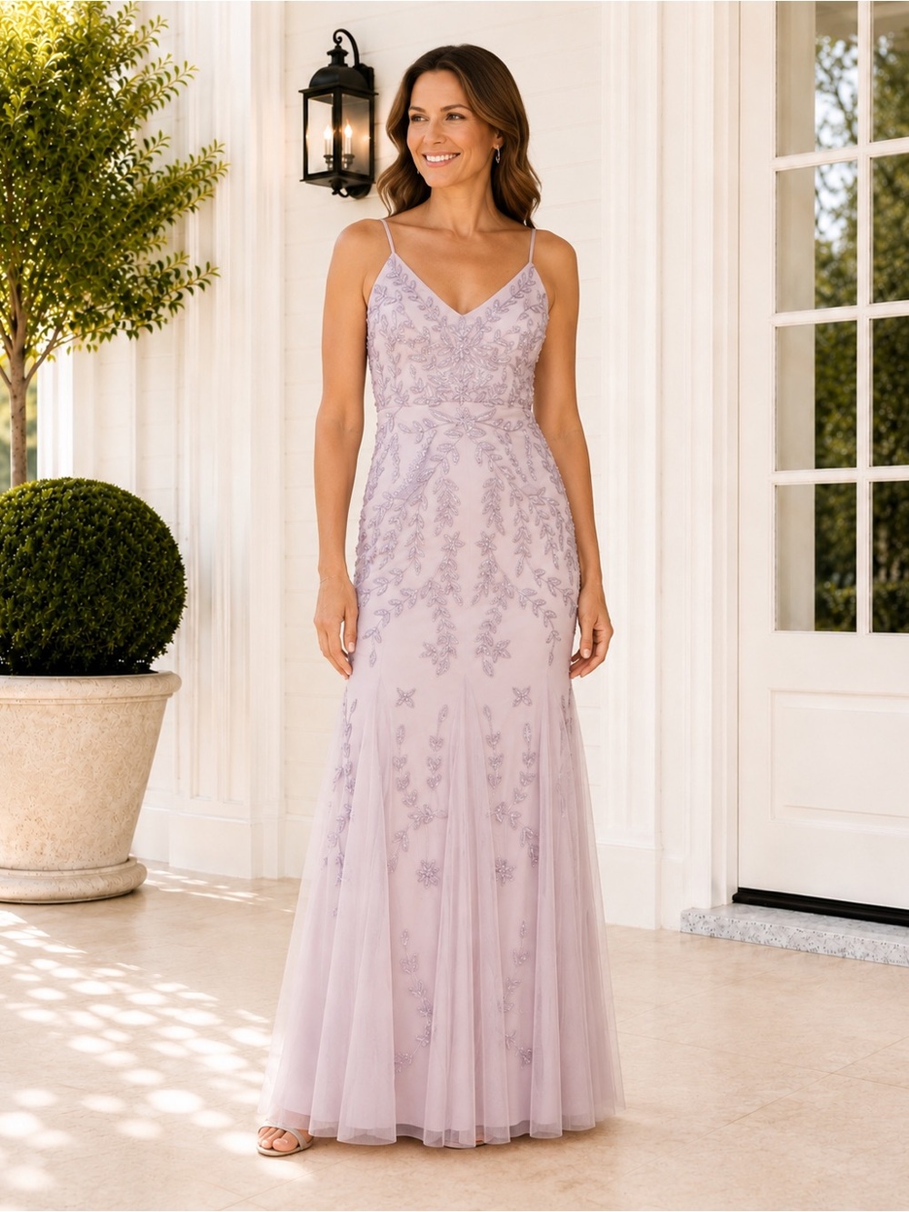 NWT Marina 266076A Beaded V-Neck Sleeveless Mermaid Gown in Lavender Sz XL